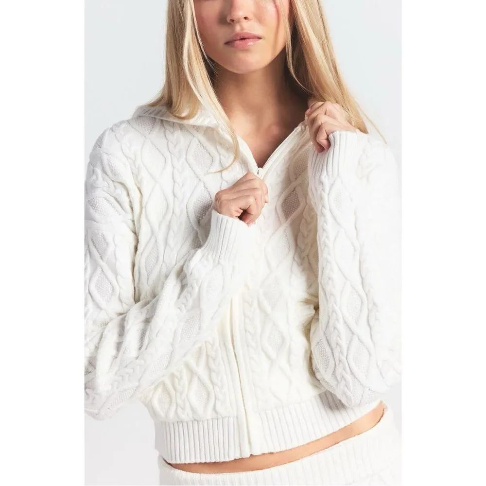 RARE SKIMS Ivory Cable Knit Shrunken Zip Up Hoodie